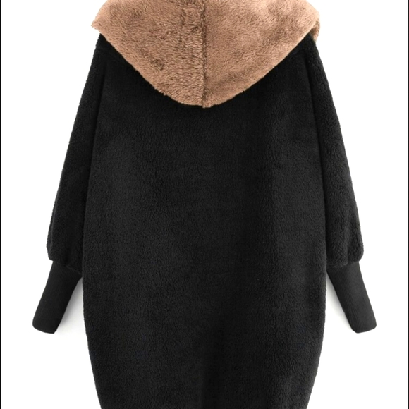 Emery Rose : Black and Tan Open Front Fuzzy Hooded Teddy Sweater Jacket XL - Picture 3 of 7